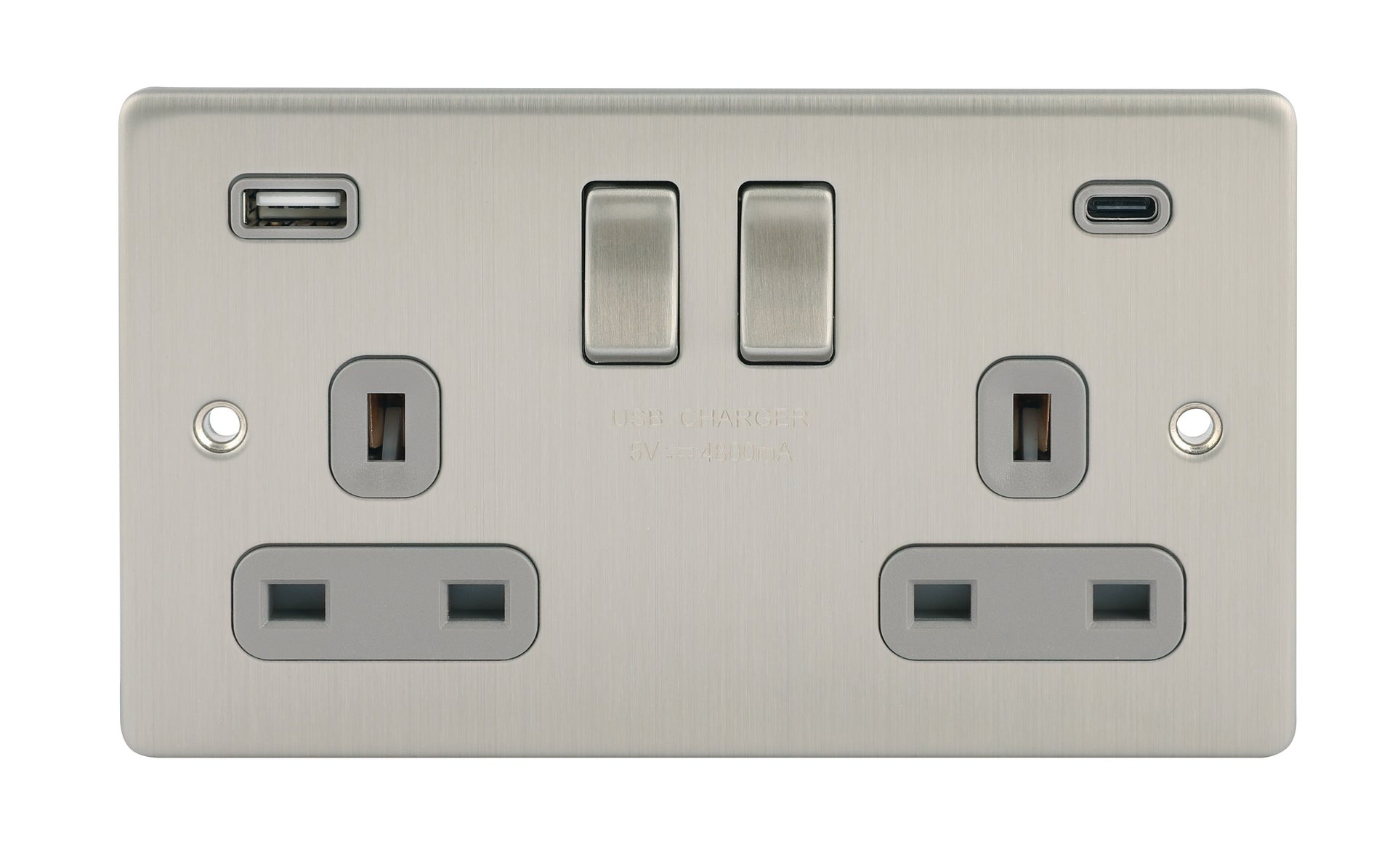 D-S132USB4C-BCG 2 Gang Switched Sockets With 4.8A A+C type Grey Insert Brushed Chrome